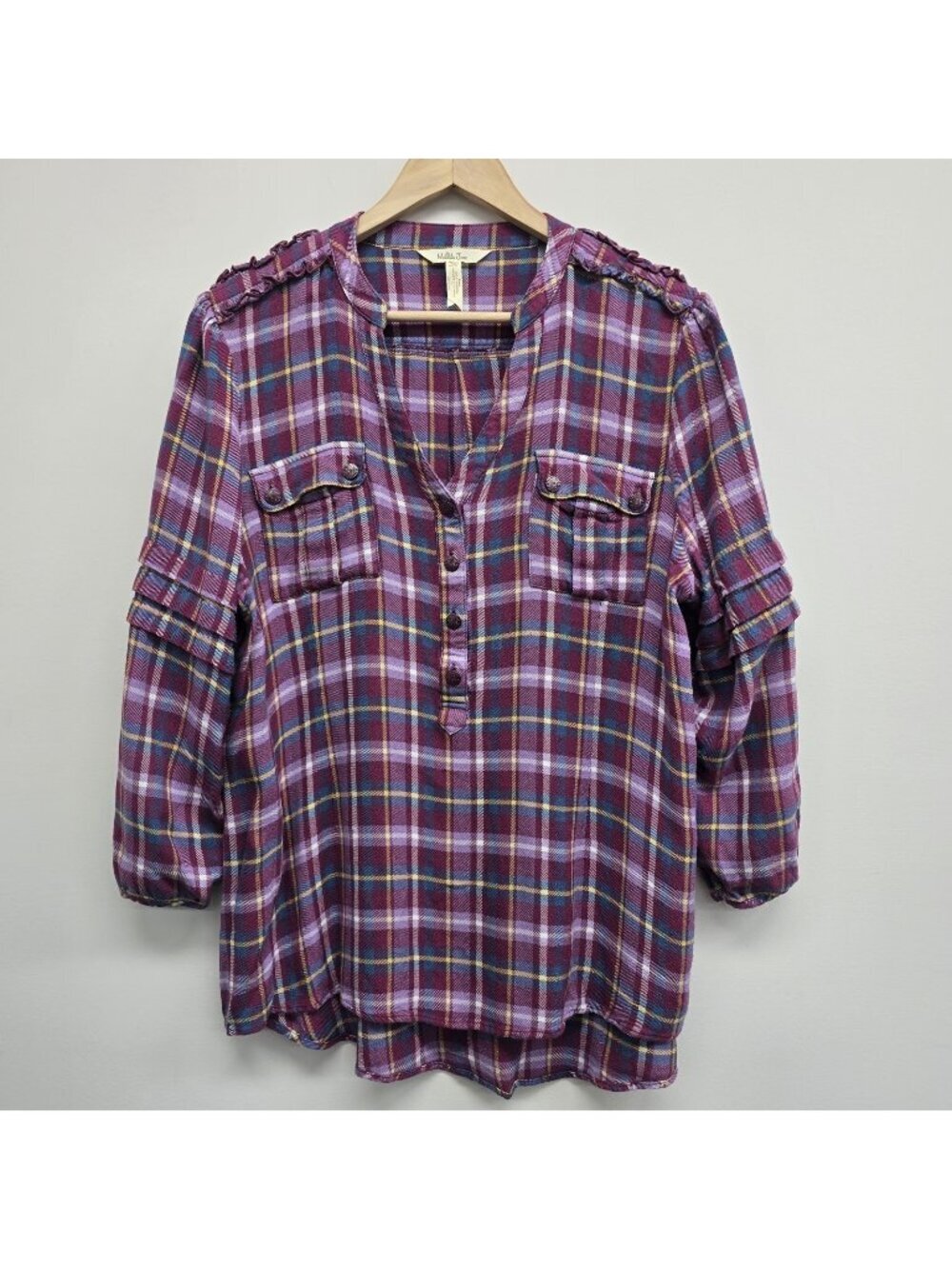 Matilda Jane All Day Millie Flannel Popover Shirt XL Plaid Ruffle Metal Buttons
